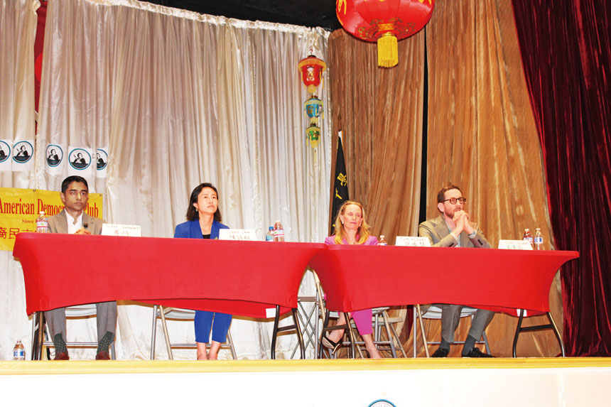 四位候選人（左起）薩特、陳詩敏、許曉慧和威善高在台上各抒己見。記者陳程威攝