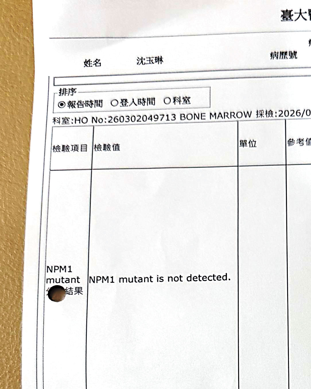 沈玉琳曬出檢測報告。網上圖片