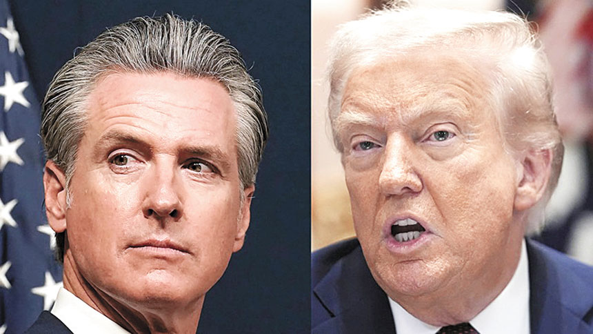 加州州長紐森(左)與特朗普總統（右）。美聯社