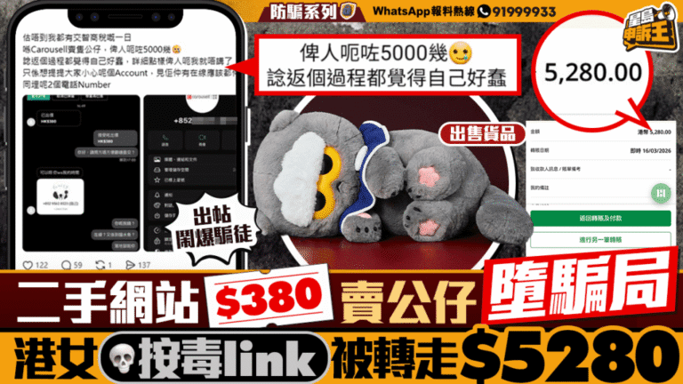 二手平台賣公仔遇騙局 港女誤按連結遭轉走逾五千元