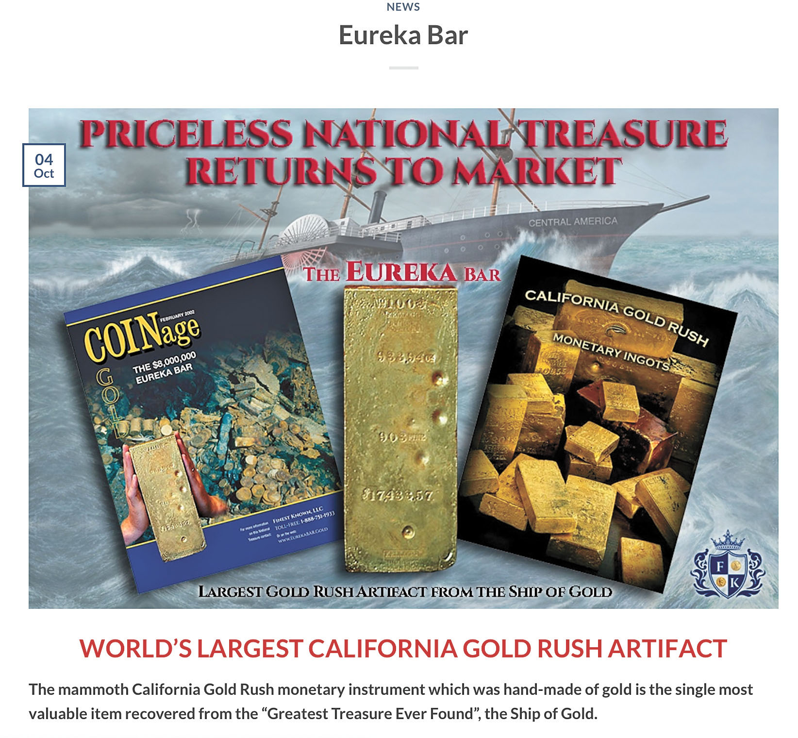 尤里卡金條。Finest Known網站截屏