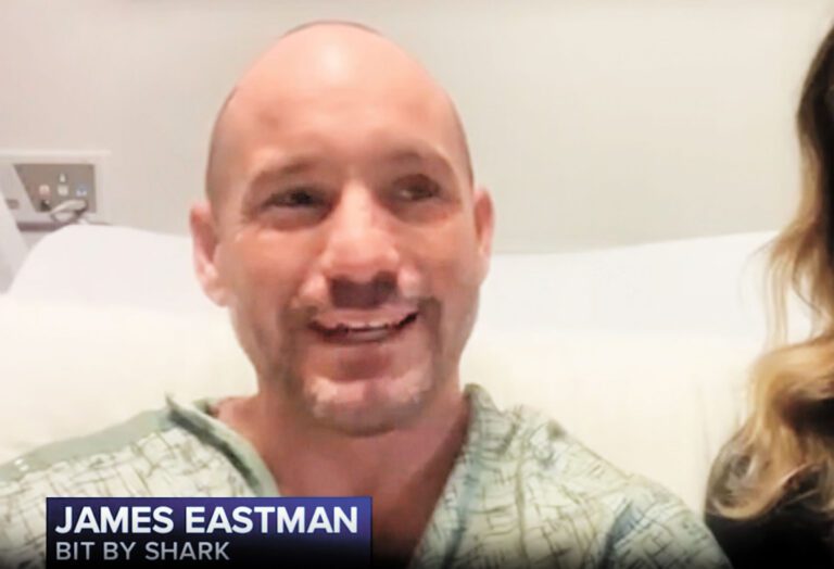 James Eastman在曼多西諾岬（Mendocino Headlands）州立公園的大河灘附近衝浪，被鯊魚攻擊。ABC電視畫面