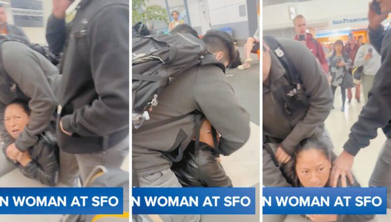 有民眾在SFO內拍下視頻，顯示兩名ICE人員壓在一名女子身上，隨後將其帶走。 ABC7電視畫面