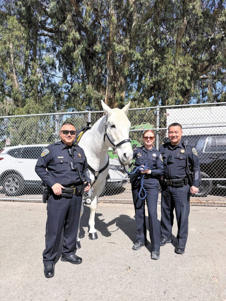 新警馬Cinco與副警察局長Mark Im（左）、指揮官Eric Kim（右）及騎警Theresa Conway合影。SFPD