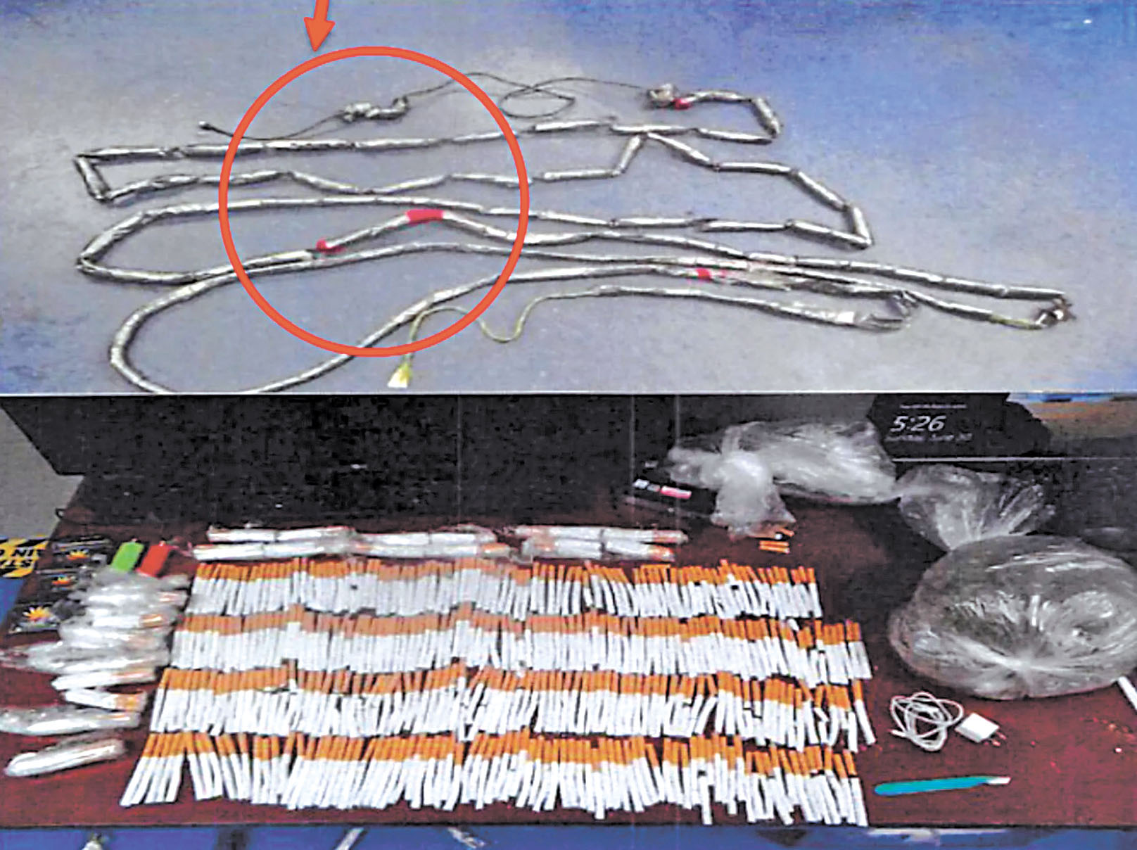獄警起獲合成大麻紙片、27袋大麻、400多支香菸、打火機、手術刀等。法院文件