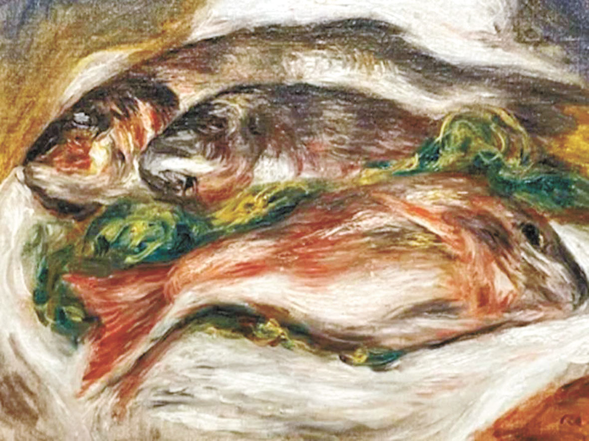 《魚》是雷諾瓦名作之一，創作於他藝術生涯中晚期，是他很少創作但頗具特色的靜物題材作品。網上圖片