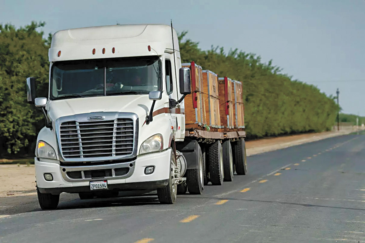 美伊戰火衝擊加州農業，圖為裝載收成的貨車離開一座杏仁園。洛杉磯時報
