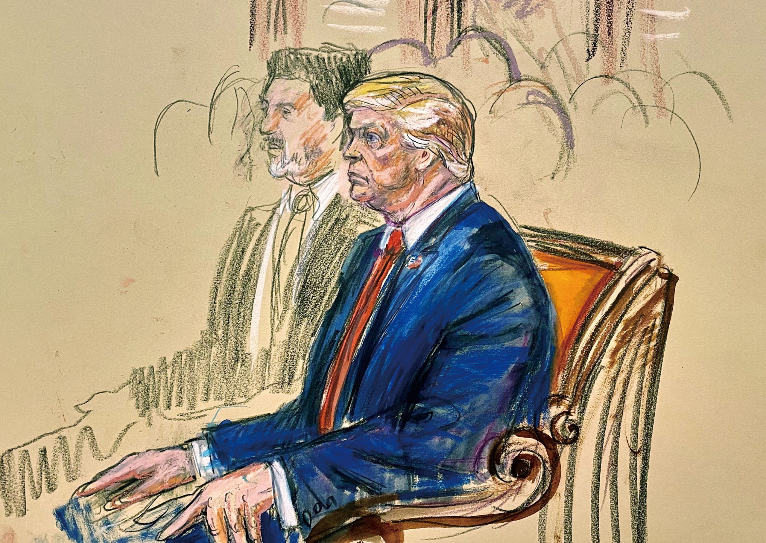 法庭素描描繪了特朗普出席旁聽的情景。美聯社