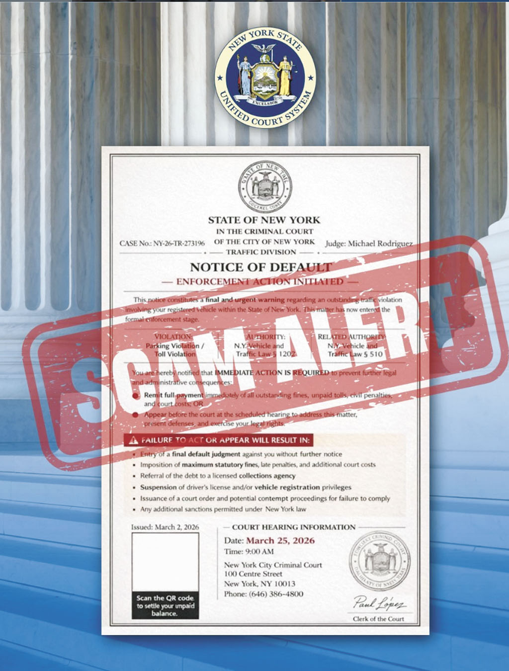 法院系統發布防詐騙海報。圖片來源:紐約州法院系統社交媒體