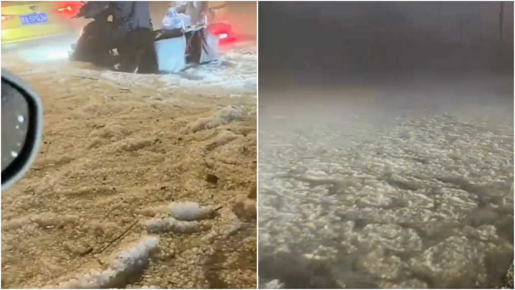 貴陽突降冰雹路面成冰河 多輛汽車被困