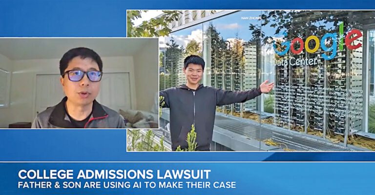 Stanley Zhong（右）的父親Nan Zhong再次接受電視台採訪。ABC7電視畫面