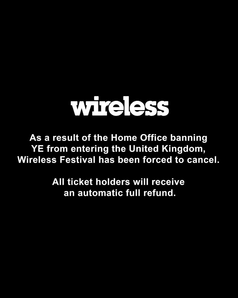Wireless音樂節官方在IG宣布，因壓軸嘉賓Kanye West無法出席，音樂節被迫取消。