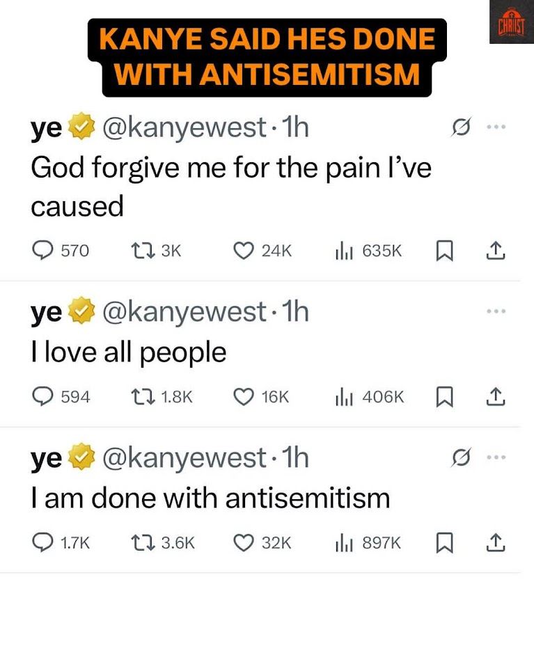 Kanye近日頻繁在社交平台發文，聲稱自己不再反猶太，試圖挽回形象。