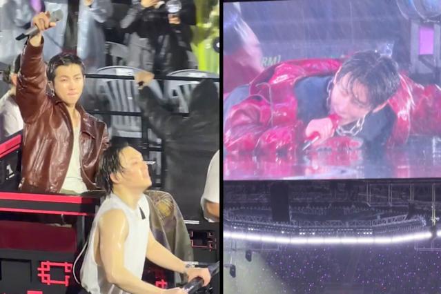 V在表演時投入地模仿游泳動作，差點滑倒。