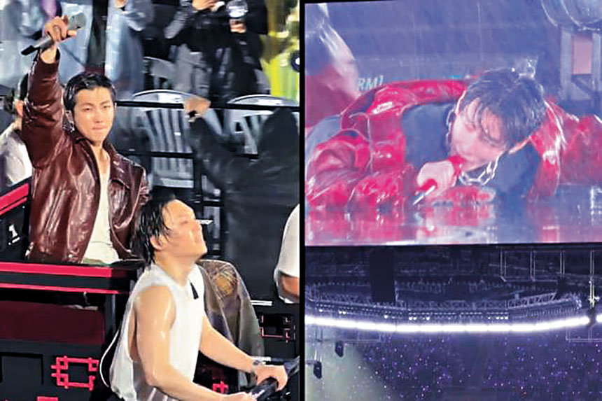 V（右）在地上扮游水，差點滑倒，被隊友笑是否想做第2個RM（左）？