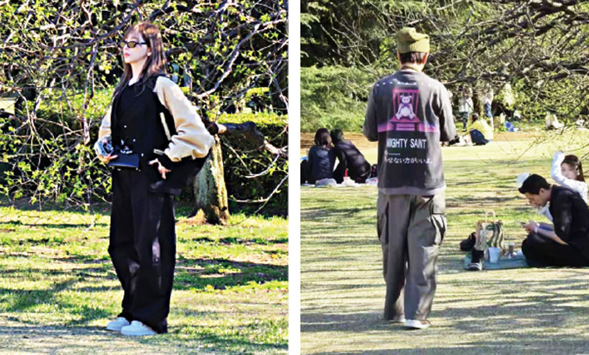 王心凌（左圖）低調現身日本新宿御苑賞櫻，網友拍下張棟樑背影（右圖），同行身分曝光。網上圖片