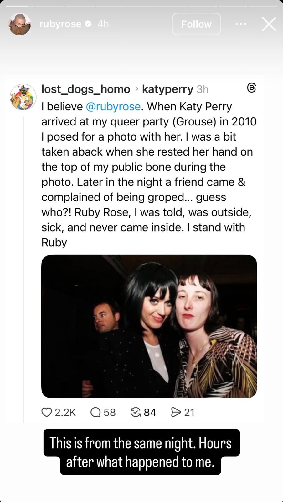 Ruby Rose透過限時動態，分享其他網民聲稱被Katy侵犯的經歷。