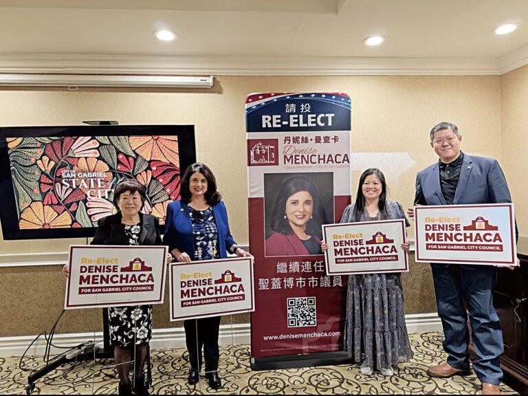 左起：陳鳳儀、曼查卡、競選團隊經理Becky Cheng及梁國輝出席見面會。記者陸新攝