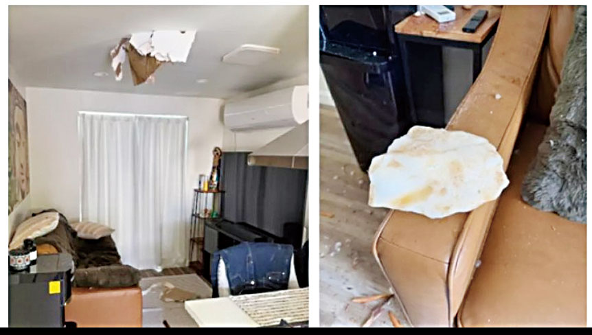 看似髒冰的物體砸穿惠堤爾一戶民宅的屋頂。洛杉磯縣參事哈恩辦公室