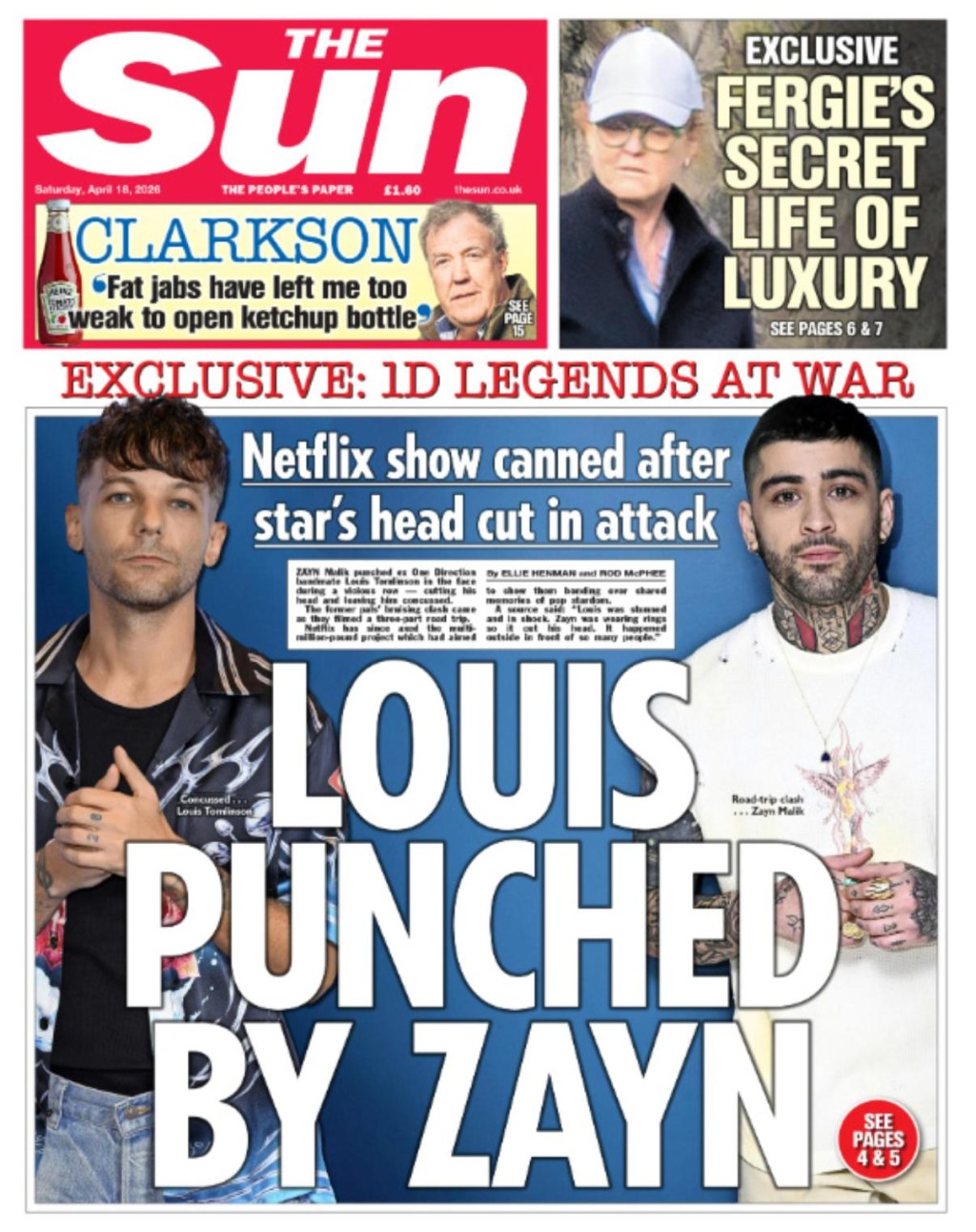 英國《太陽報》今日頭版報道了Zayn向Louis動手的消息。