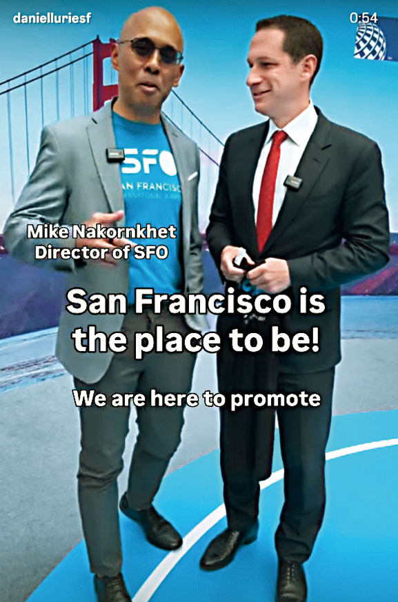 三藩市市長羅偉（右）和三藩市國際機場總監康卡特宣傳SFO。羅偉Instagram