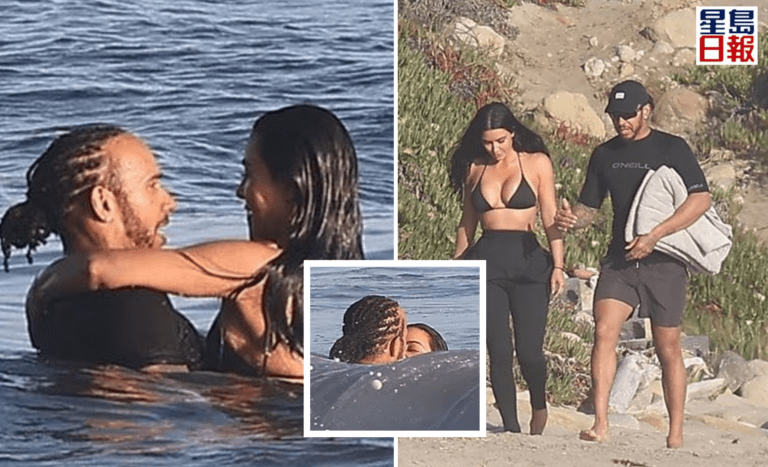 七屆F1世界冠軍咸美頓與名媛卡戴珊馬里布海灘遭野生捕獲 海中擁吻「鴛鴦戲水」戀情全面曝光