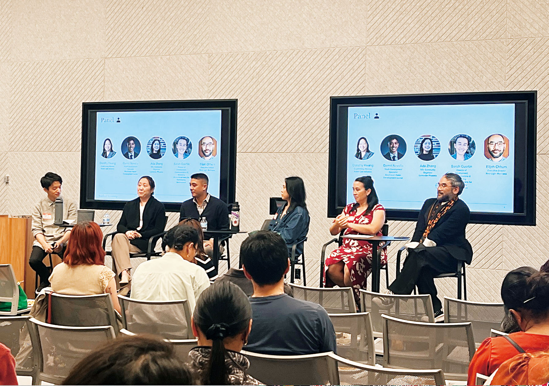 史大「築橋：連結校園與亞裔社區」論壇的主辦方與5個社區組織代表討論。記者王蔚攝