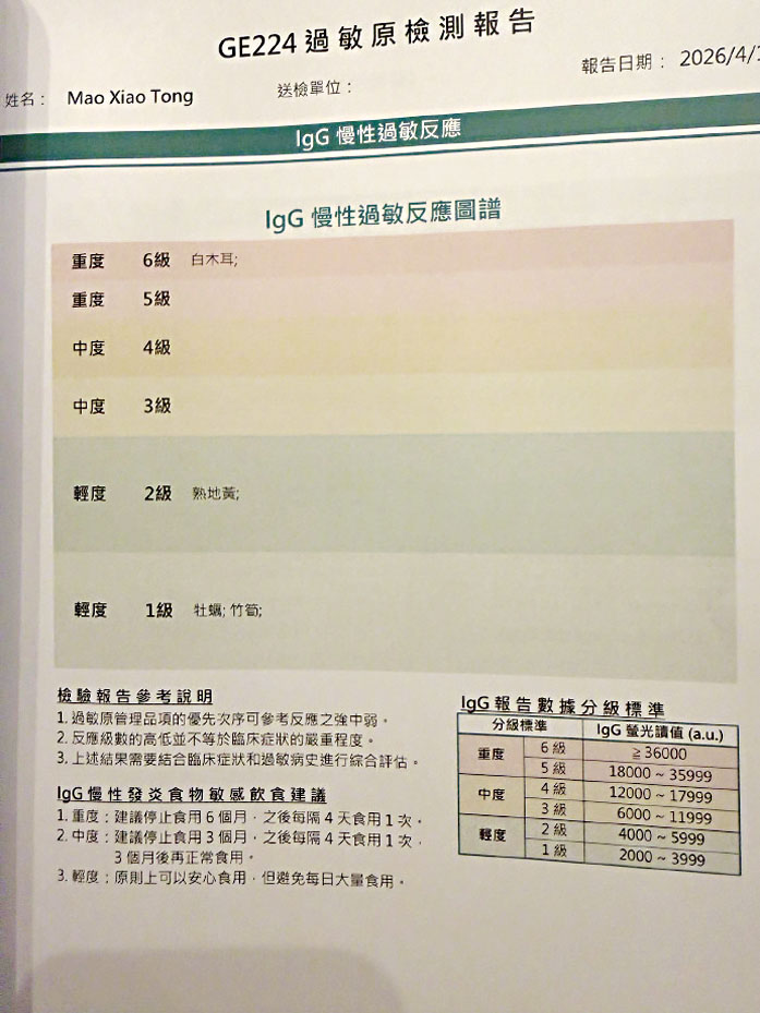 毛曉彤曬出過敏原檢測報告。網上圖片