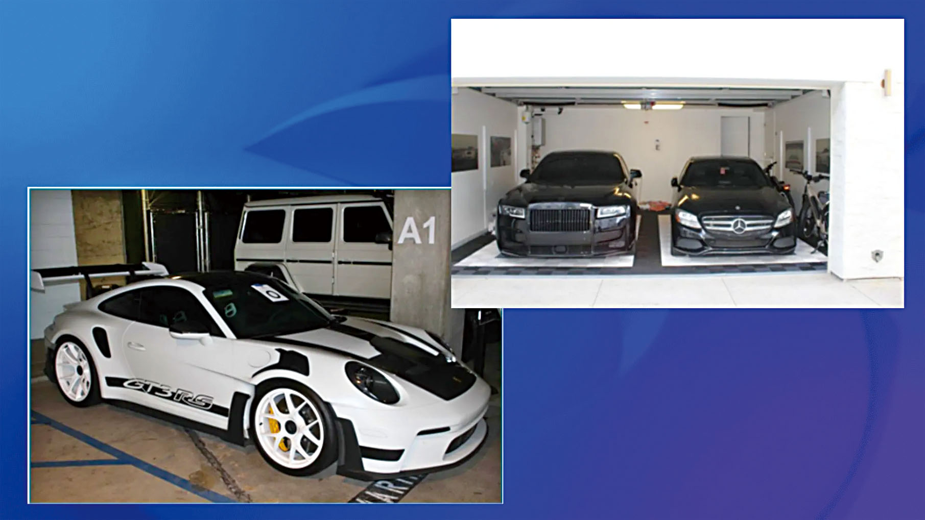 調查期間，警方查獲了多輛豪華轎車。聯邦檢察官辦公室/KTLA電視畫面