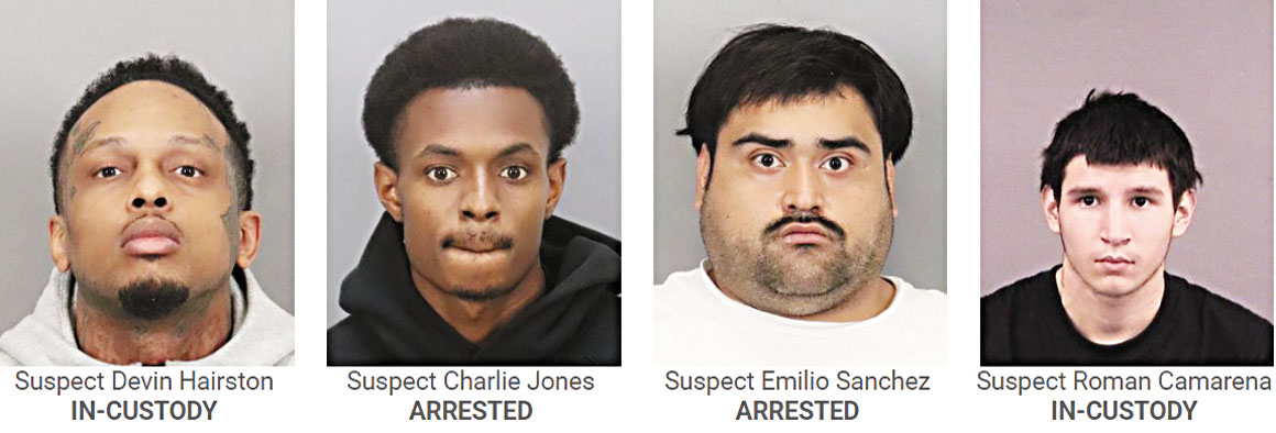聖荷西警方拘捕四名搶劫嫌犯（左起）海爾斯頓、瓊斯、桑切斯和卡馬雷納。聖荷西警察局