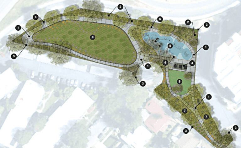 擬建新公園設計圖。園內將設開放綠地、兒童遊樂區、環迴步道等設施。聖荷西市政府