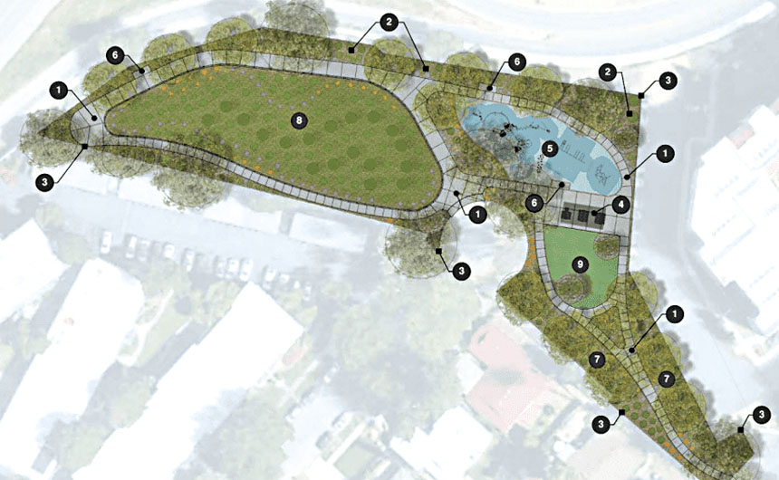 擬建新公園設計圖。園內將設開放綠地、兒童遊樂區、環迴步道等設施。聖荷西市政府