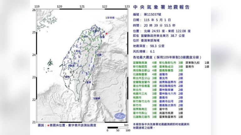 台灣東部海域發生6.1級地震 台北震感強烈