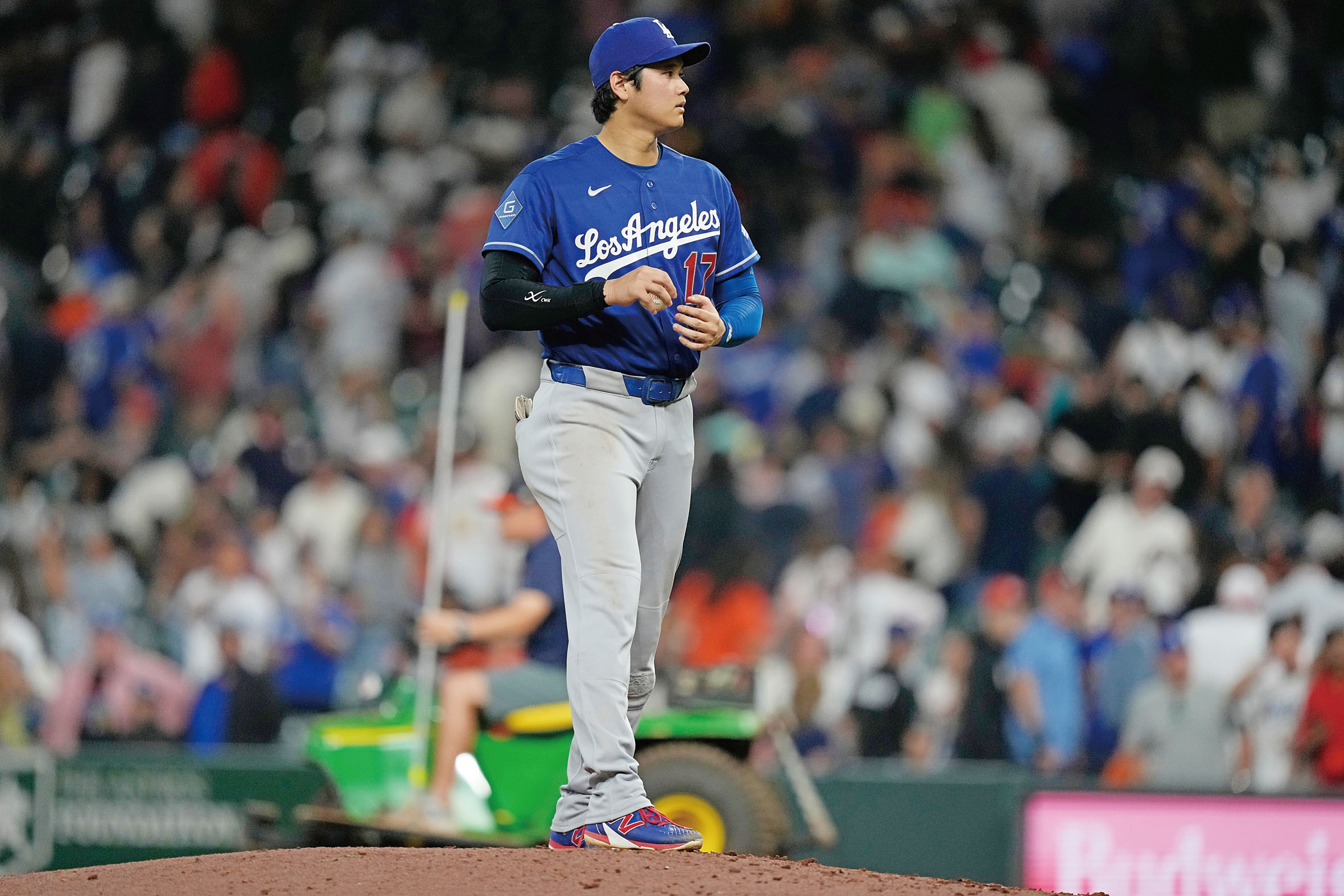 大谷翔平拆出戰道奇對陣太空人的比賽。美聯社