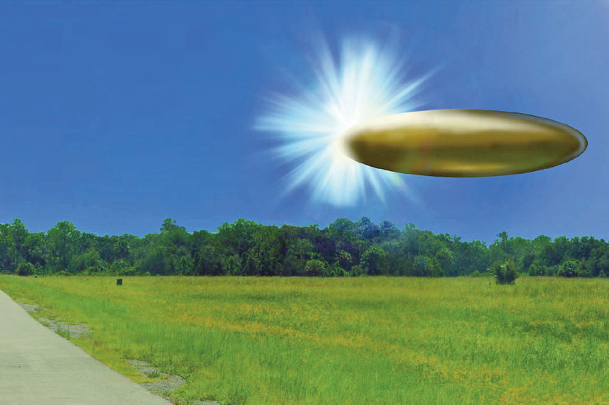 FBI實驗室根據目擊者說法製作的一張模擬圖片，據稱是UFO的橢圓形銅製金屬狀物體。網上圖片