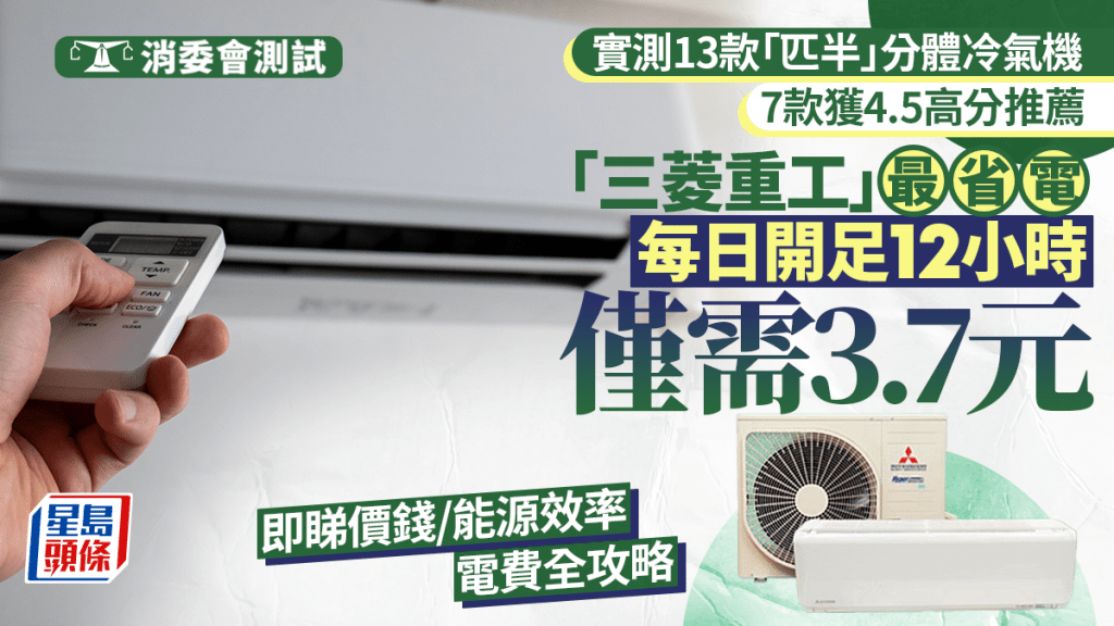 消委會冷氣機測試揭曉：7款獲4.5星高評分，三菱重工最省電