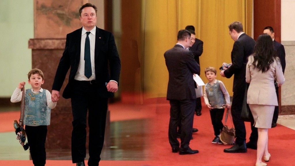 馬斯克攜子亮相人民大會堂 六歲X穿中式背心成焦點