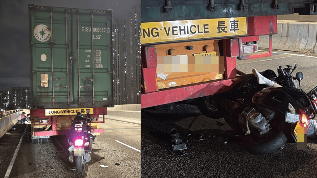 天水圍電單車與貨櫃車相撞 女鐵騎士受傷送院