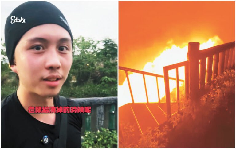 孫安佐在河堤測試自製火箭槍，火舌長達數米。網上圖片