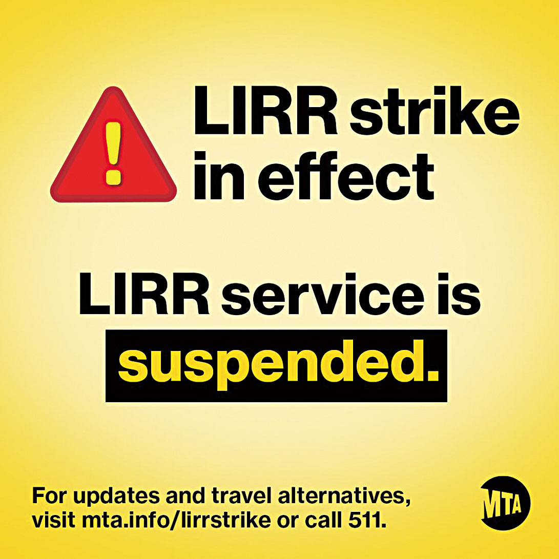 大都會運輸署（MTA）在社群平台X發布公告，提醒民眾長島鐵路（LIRR）因罷工全面停運，並呼籲通勤族查詢替代交通方案。取自MTA社群平台X