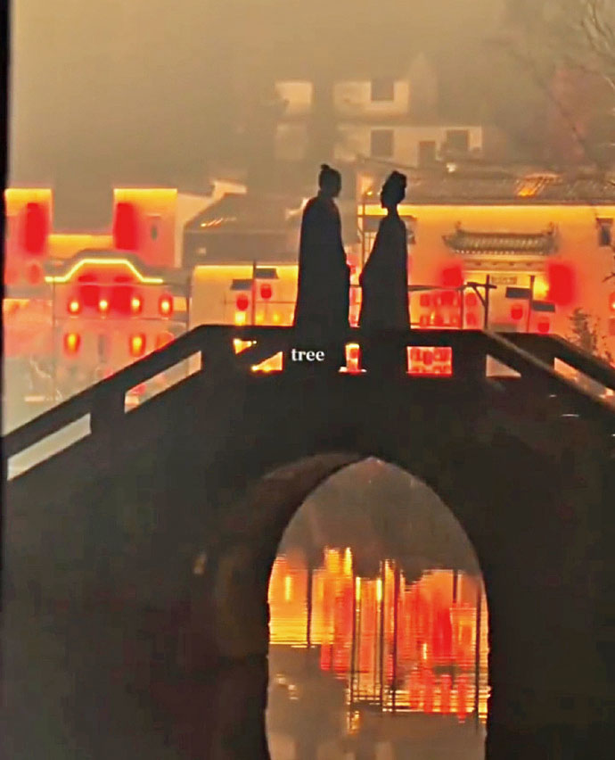 夜戲剪影照中，楊紫（右）脖頸顯得異常修長。網上圖片