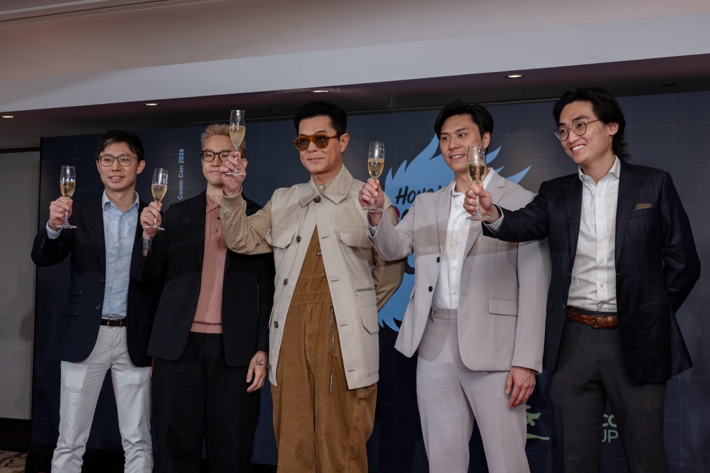 （左起）James、天下一集團業務發展及傳訊總監Sean、活動大使古天樂、Daniel、Ryan在活動籌備期間合照。