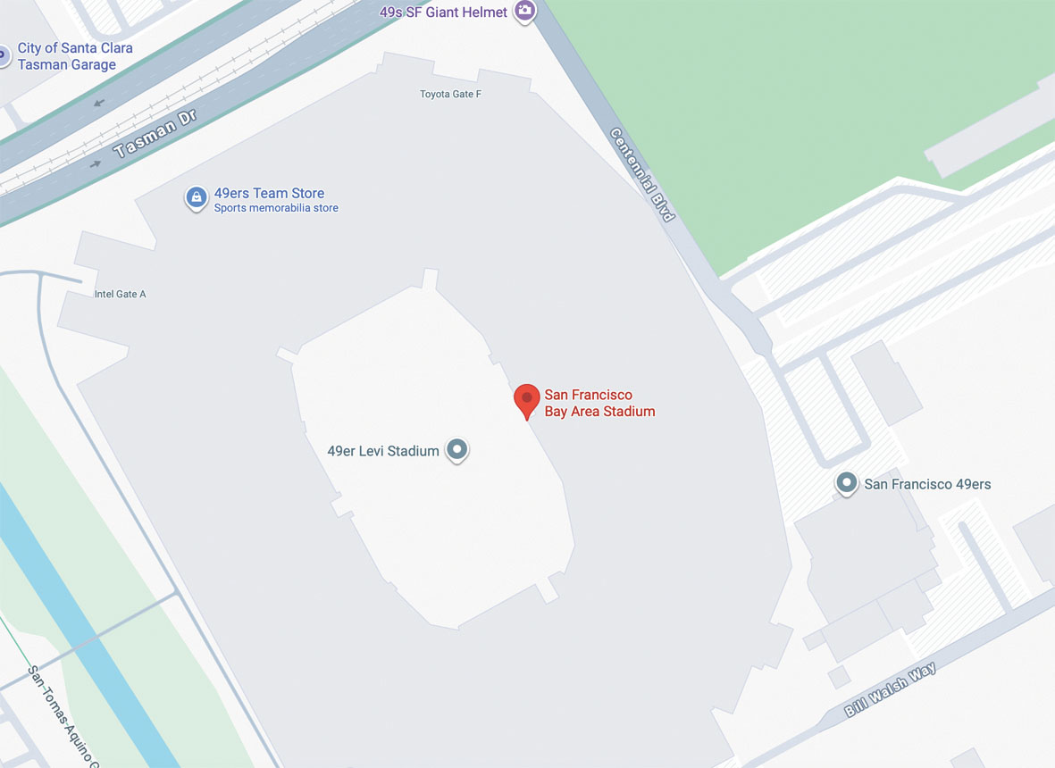谷歌地圖將利維球場標注為「三藩市灣區球場」(San Francisco Bay Area Stadium)。谷歌地圖
