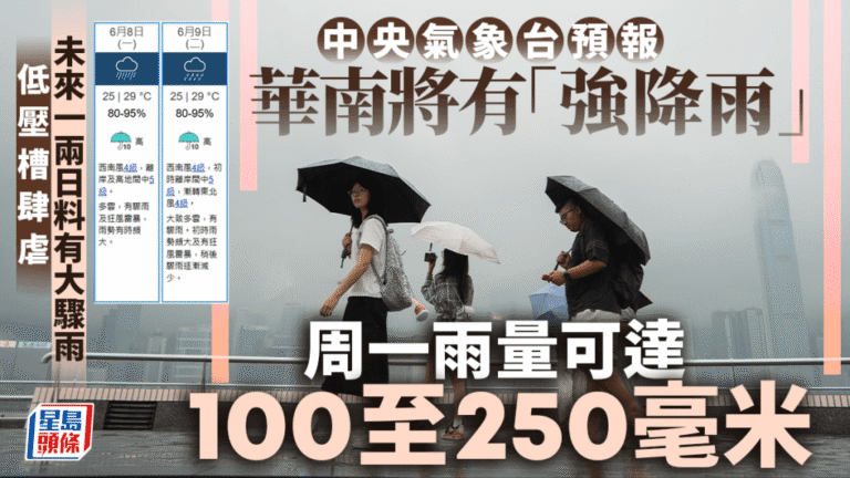 天文台預告周一、二有大驟雨及狂風雷暴 中央氣象台指華南將有強降雨