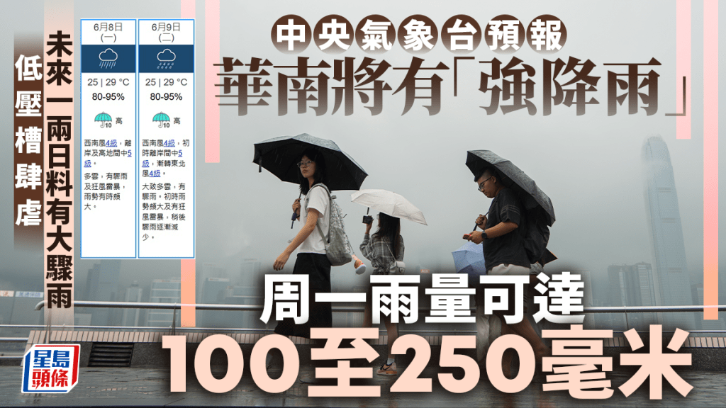 天文台預告周一、二有大驟雨及狂風雷暴 中央氣象台指華南將有強降雨