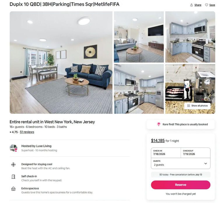 新州西紐約一棟6臥住宅，世界盃決賽前夕每晚租金由平時的865元，暴漲至1.4萬元。 Airbnb圖片