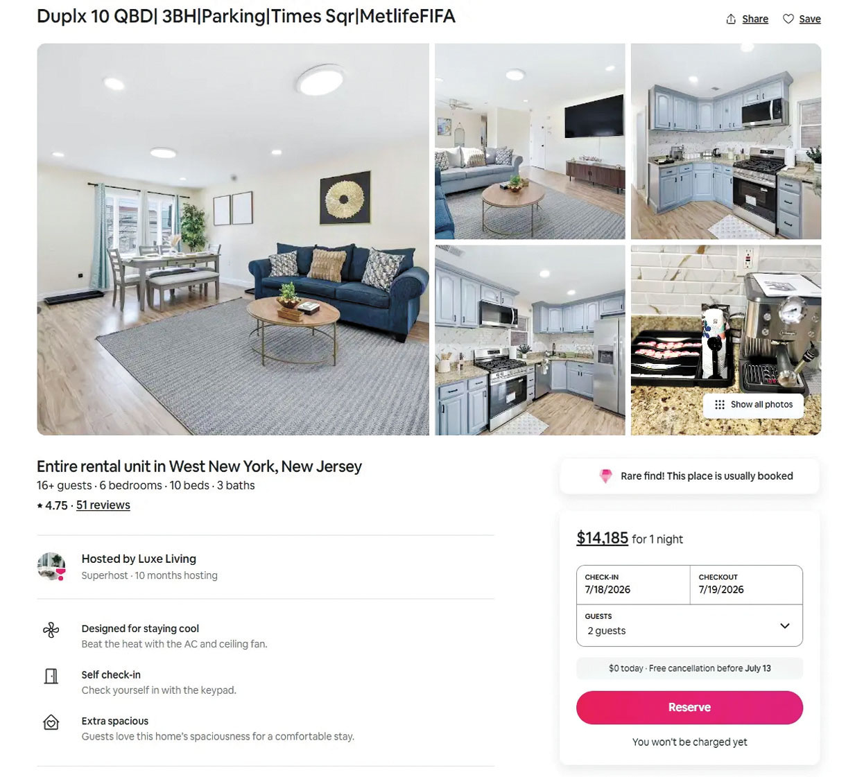 新州西紐約一棟6臥住宅,世界盃決賽前夕每晚租金由平時的865元,暴漲至1.4萬元。 Airbnb圖片
