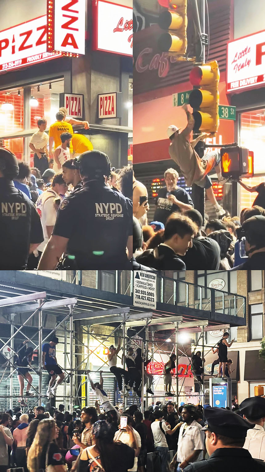 觀賽者爬上路邊商鋪的戶外用餐區（下左）、交通燈（下右）以及腳手架上（上）。