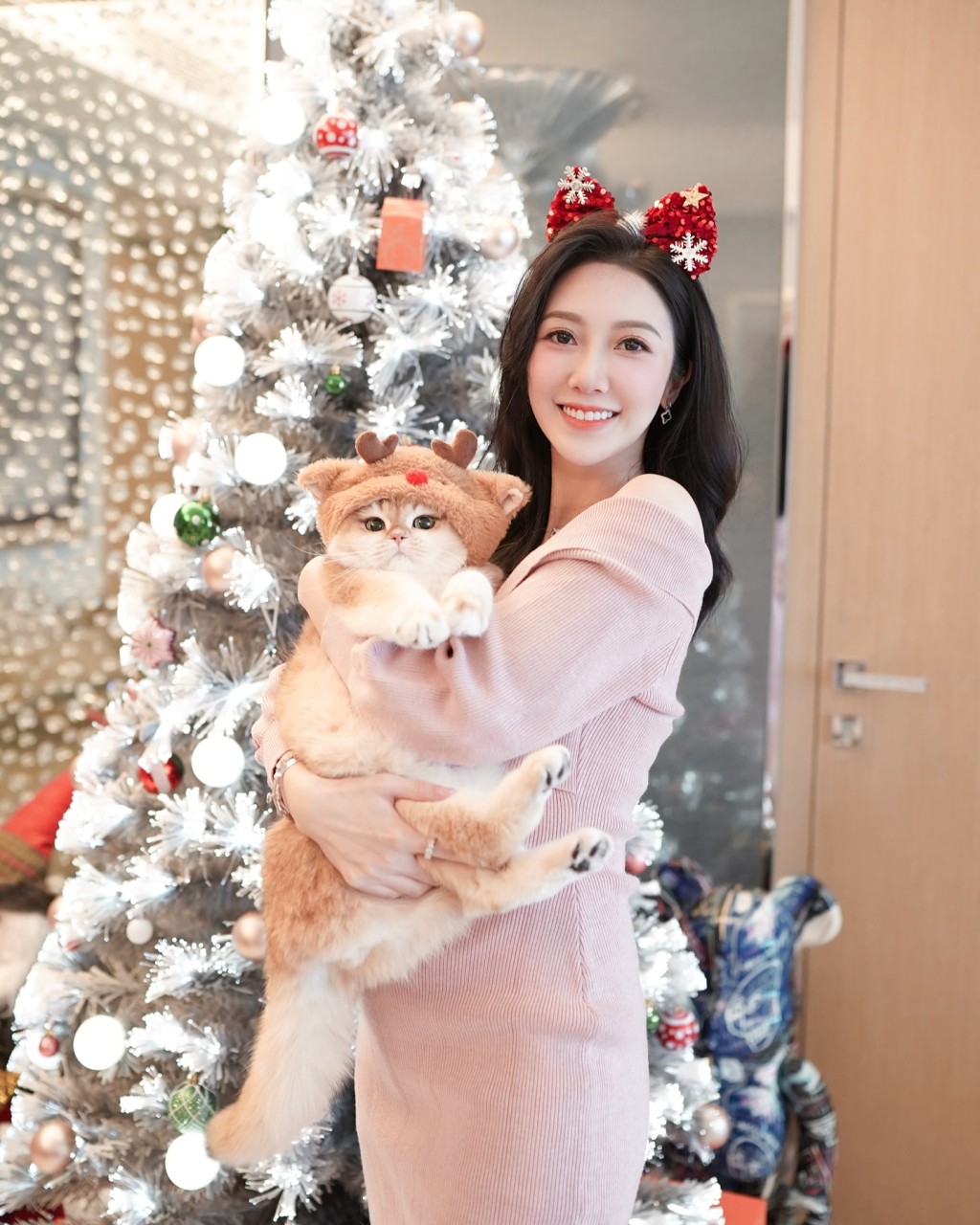 何依婷抱著貓咪拍照,身穿露肩裙打扮成聖誕女郎,身後是家中的巨型聖誕樹。