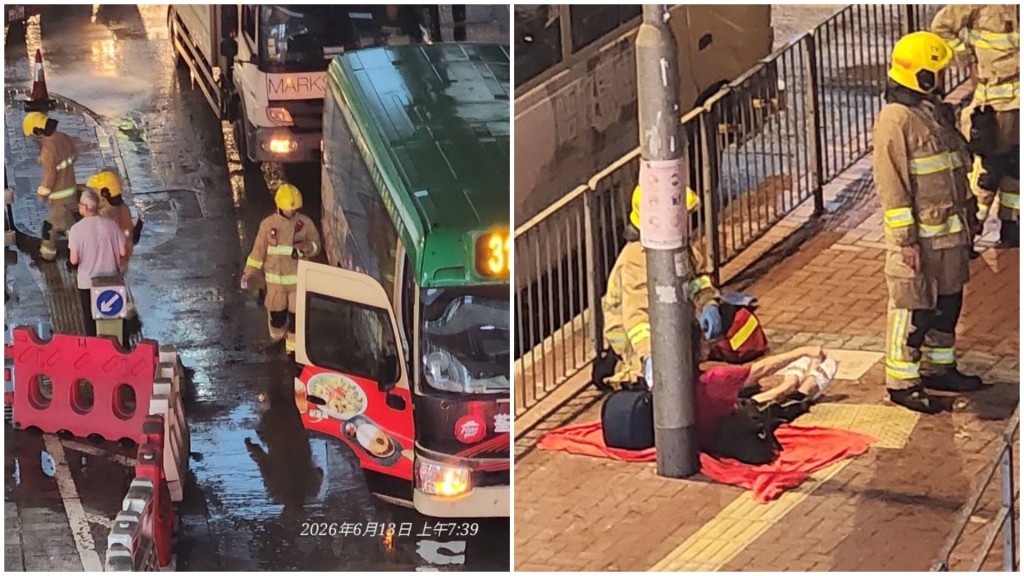 青衣婦人推紙皮車橫過馬路 遭小巴撞倒幸無大礙